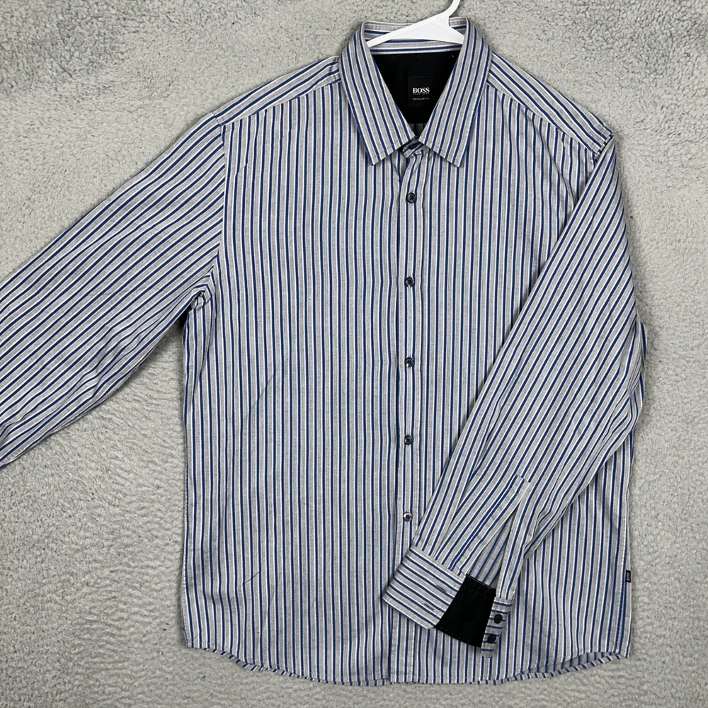 Hugo Boss Shirt Mens Large Regular Fit Blue Grey Striped Button Down Long Sleeve